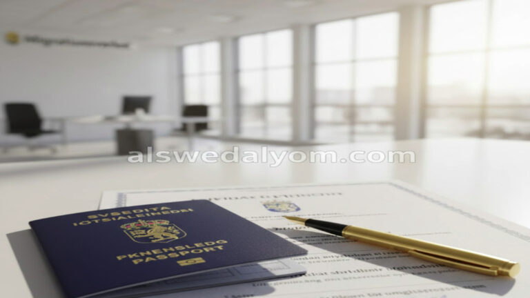 الحصول على الجنسية السويدية عبر الإخطار: جواز سفر سويدي وأوراق رسمية ترمز للمسار السريع، موقع alswedalyom.com.