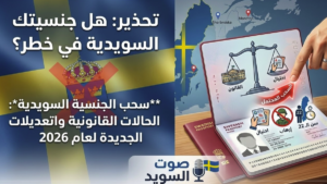 إنفوجرافيك يوضح أسباب سحب الجنسية السويدية مثل الاحتيال والإرهاب وبلوغ سن 22 مع شعار صوت السويد.