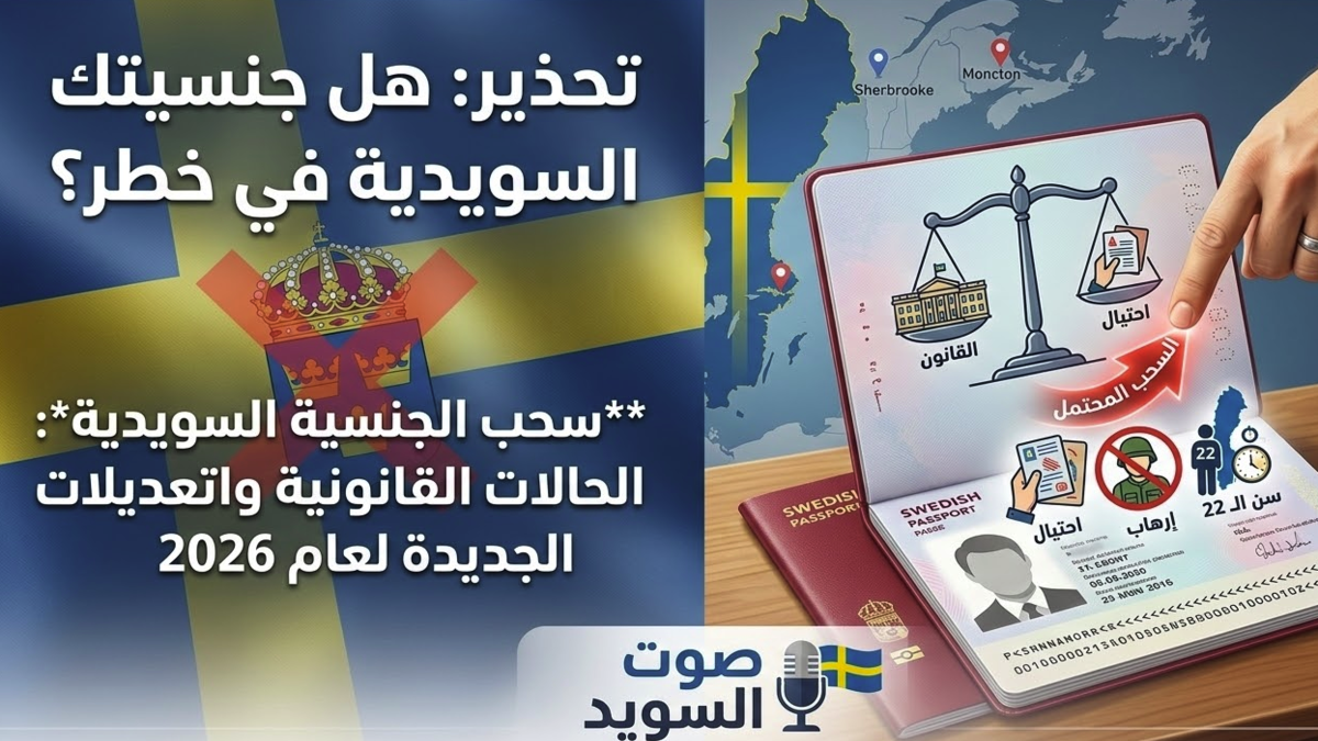 إنفوجرافيك يوضح أسباب سحب الجنسية السويدية مثل الاحتيال والإرهاب وبلوغ سن 22 مع شعار صوت السويد.