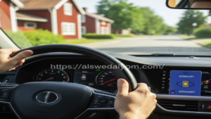 يدين تمسكان مقود سيارة ورخصة قيادة سويدية على لوحة العدادات ترمز للحصول على الرخصة في السويد.