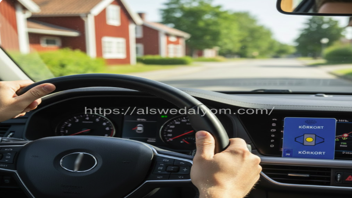 يدين تمسكان مقود سيارة ورخصة قيادة سويدية على لوحة العدادات ترمز للحصول على الرخصة في السويد.