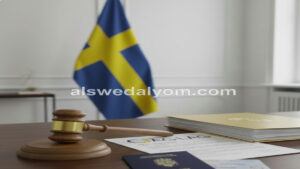 مطرقة قانونية وعلم السويد مع وثائق رسمية وجواز سفر، تعبر عن قوانين الإقامة الدائمة والجنسية الجديدة في السويد.