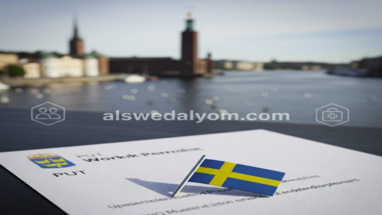 "وثائق رسمية وعلم السويد يرمزان لتعديلات قوانين تصاريح العمل بالسويد والاستثناءات الجديدة للكفاءات، مع العلامة المائية alswedalyom.com."
