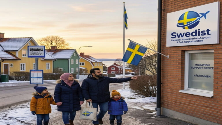 A refugee family walks toward a Migration Support Office in Stockholm, Sweden, near a Swedist sign, representing a new beginning and asylum.