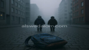 طفلان يسيران في شارع سويدي بائس بجوار حقيبة مدرسية، تعبيراً عن أثر القوانين الجديدة على الأطفال.