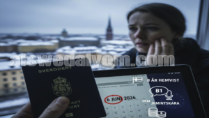 امرأة قلقة تنظر إلى جواز سفر سويدي وتقويم يشير إلى 6 يونيو وقانون الجنسية الجديد - صوت السويد