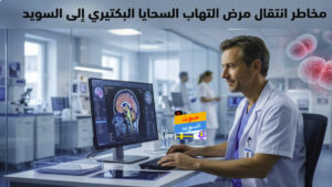 إنفوجرافيك طبي إخباري يظهر طبيبًا في مستشفى سويدي يحلل مسحًا رقميًا للدماغ، مع تصور دقيق لبكتيريا التهاب السحايا المنكورية في الخلفية