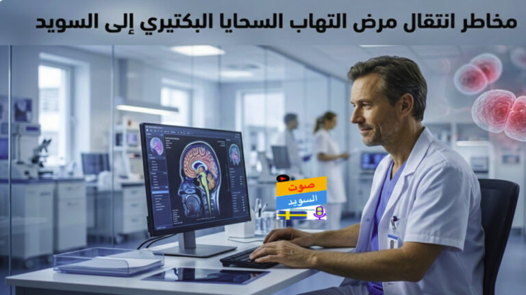 إنفوجرافيك طبي إخباري يظهر طبيبًا في مستشفى سويدي يحلل مسحًا رقميًا للدماغ، مع تصور دقيق لبكتيريا التهاب السحايا المنكورية في الخلفية