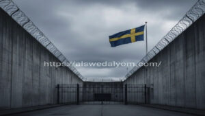 علم السويد يرفرف فوق أسوار سجن كوملا العالية والشائكة تعبيراً عن قانون سجن الأطفال الجديد.