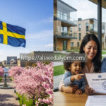 منظر لربيع ستوكهولم مع أزهار الكرز والعلم السويدي، وبجانبه عائلة مهاجرة تحتفل بالحصول على الإقامة.