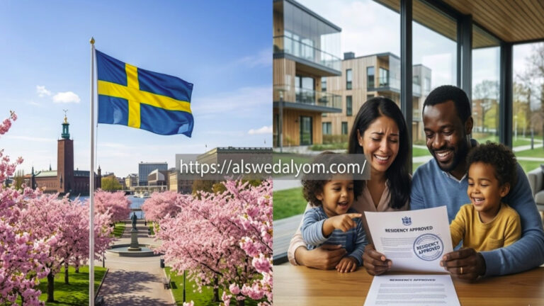 منظر لربيع ستوكهولم مع أزهار الكرز والعلم السويدي، وبجانبه عائلة مهاجرة تحتفل بالحصول على الإقامة.