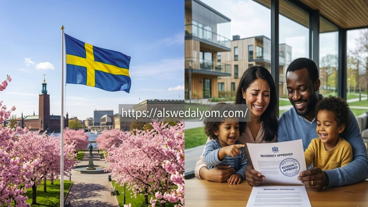 منظر لربيع ستوكهولم مع أزهار الكرز والعلم السويدي، وبجانبه عائلة مهاجرة تحتفل بالحصول على الإقامة.