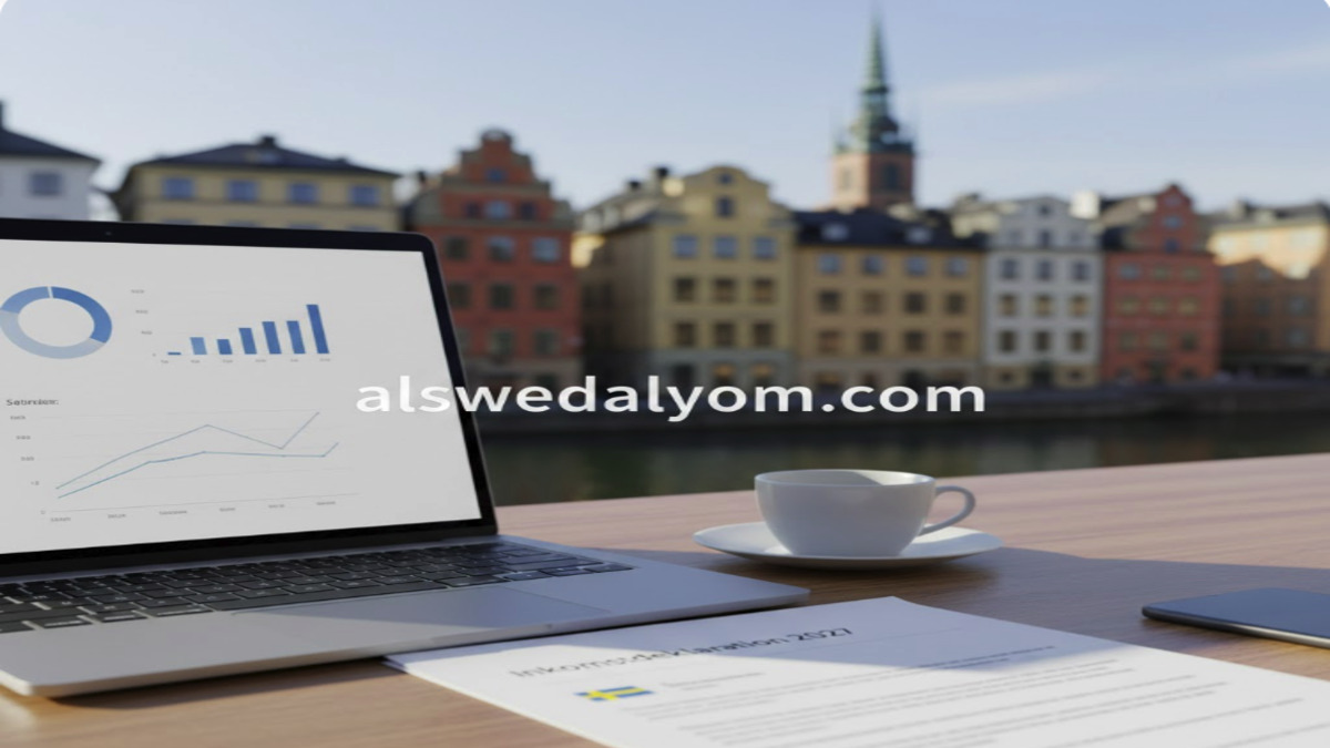 إقرار ضريبي وجهاز كمبيوتر في السويد مع إطلالة على ستوكهولم، يمثل مواعيد الضرائب لعام 2026.