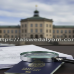 صورة لجواز سفر سويدي وعدسة مكبرة فوق وثائق قانونية ترمز للتحقيق في إلغاء الإقامة الدائمة في السويد.