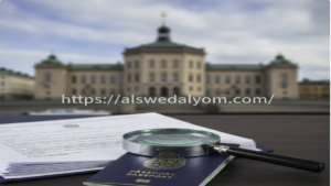 صورة لجواز سفر سويدي وعدسة مكبرة فوق وثائق قانونية ترمز للتحقيق في إلغاء الإقامة الدائمة في السويد.