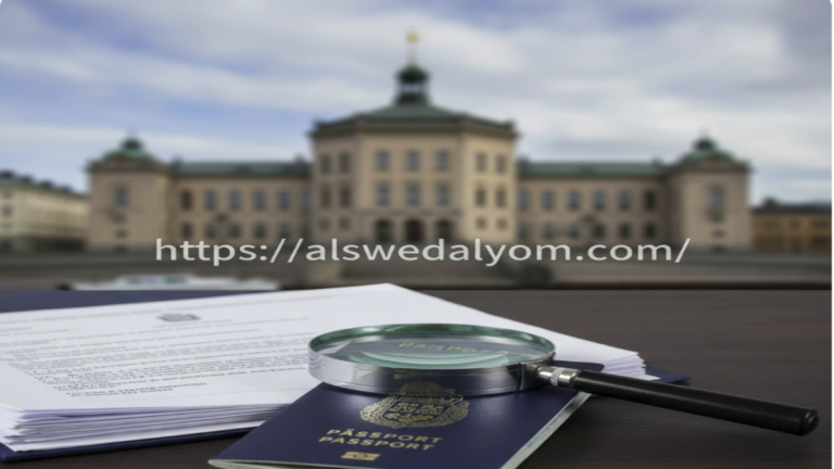 صورة لجواز سفر سويدي وعدسة مكبرة فوق وثائق قانونية ترمز للتحقيق في إلغاء الإقامة الدائمة في السويد.