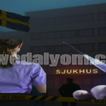 ممرضة مشتبه بها في مستشفى أكاديميسكا بالسويد مع رموز للتحقيق الجنائي وعلم السويد