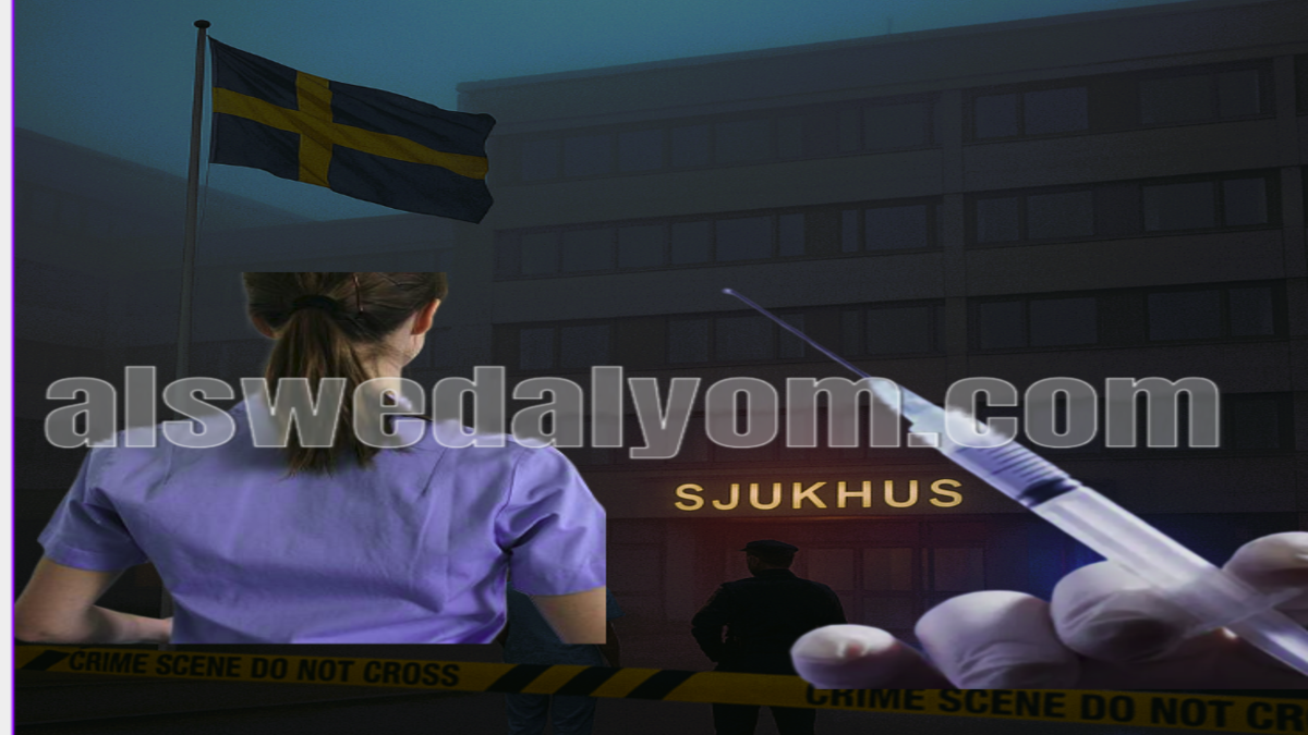ممرضة مشتبه بها في مستشفى أكاديميسكا بالسويد مع رموز للتحقيق الجنائي وعلم السويد