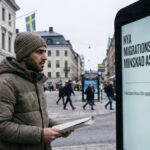 A migrant looking at a digital billboard in Stockholm displaying new migration laws