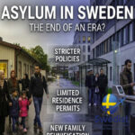 A visual comparison showing a Baha'i woman casting a vote in a quiet Spanish setting and a queue of refugees at the Migrationsverket office in Sweden, representing the shift in Swedish asylum policies.