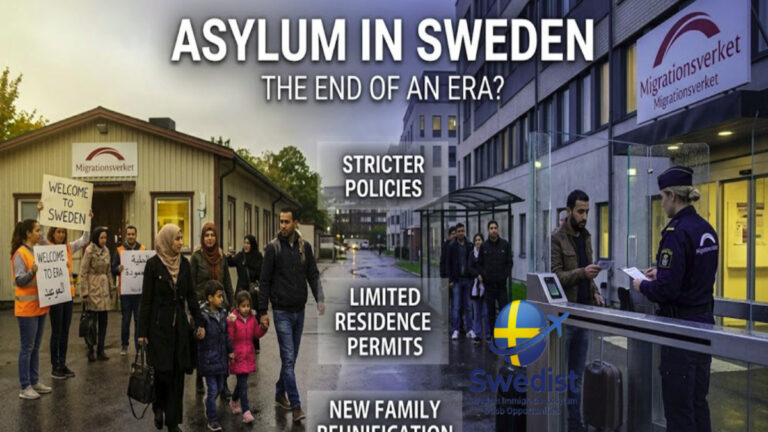 A visual comparison showing a Baha'i woman casting a vote in a quiet Spanish setting and a queue of refugees at the Migrationsverket office in Sweden, representing the shift in Swedish asylum policies.