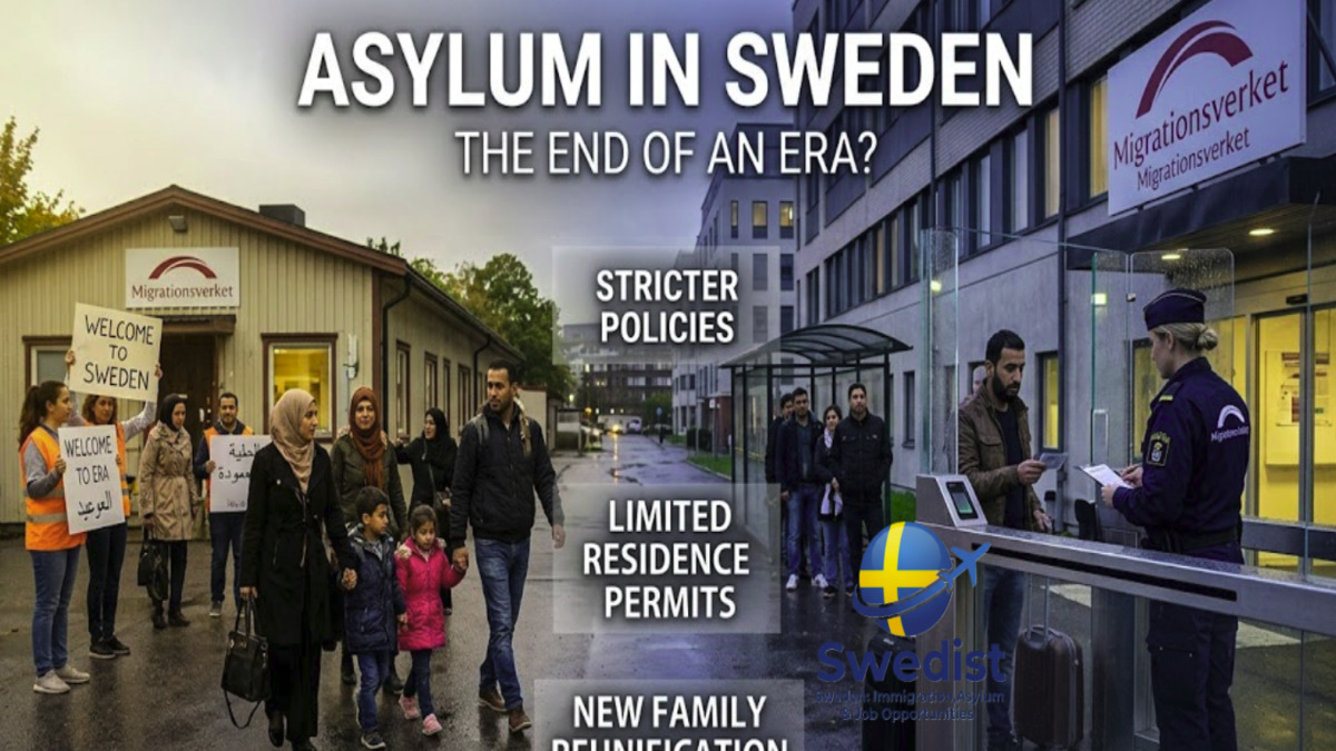 A visual comparison showing a Baha'i woman casting a vote in a quiet Spanish setting and a queue of refugees at the Migrationsverket office in Sweden, representing the shift in Swedish asylum policies.