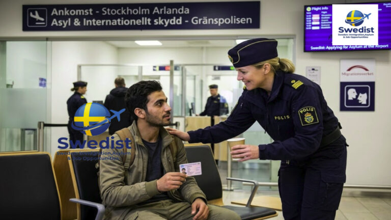A man holding an identification document while speaking with a Swedish police officer at Stockholm Arlanda Airport regarding asylum in Sweden at the airport.