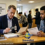 A Swedish migration official using a magnifying glass to inspect a behavioral assessment form for a resident under the "Honest Living Rule".