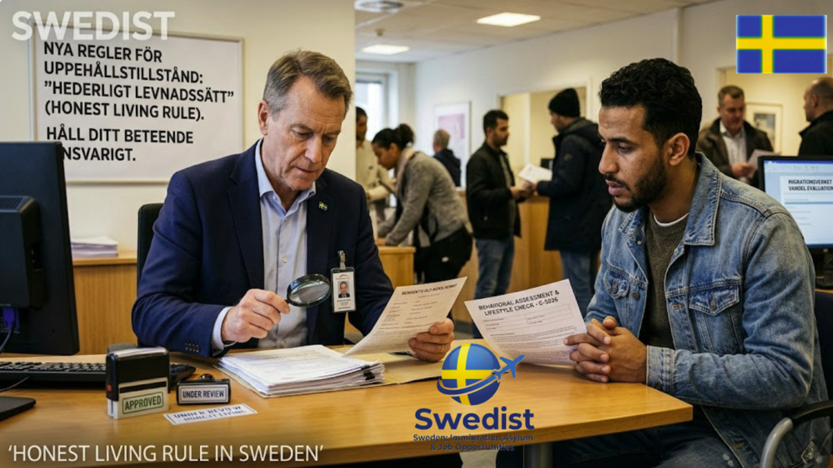 A Swedish migration official using a magnifying glass to inspect a behavioral assessment form for a resident under the "Honest Living Rule".
