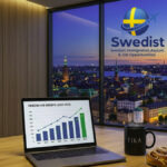 Skilled foreigners exploring job opportunities in Sweden within a modern Stockholm office, blending tech and Fika culture.