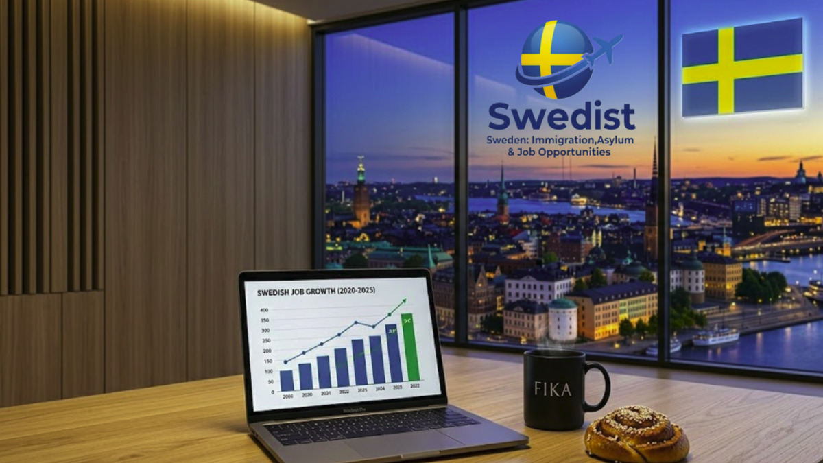 Skilled foreigners exploring job opportunities in Sweden within a modern Stockholm office, blending tech and Fika culture.