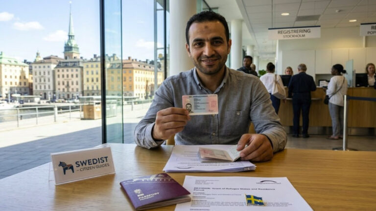 Refugee in Stockholm holding newly issued Swedish residence permit and passport, showcasing successful asylum grant and start of integration. Includes 'SWEDIST - CITIZEN GUIDES' sign.
