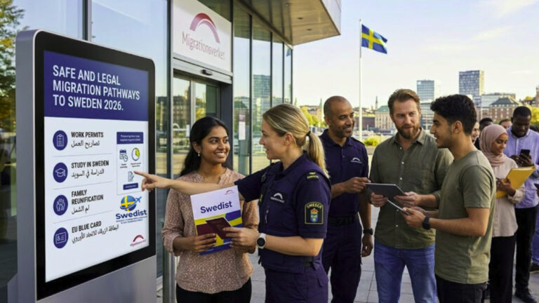 Digital information kiosk displaying safe and legal migration pathways to Sweden 2026 with an officer guiding a group of people in front of the Swedish Migration Agency.