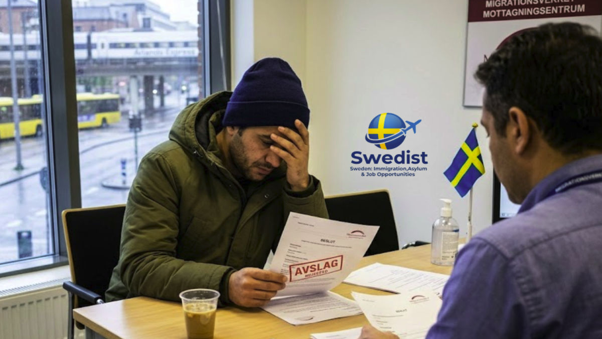 A person receiving a rejected asylum decision at a Swedish Migration Agency office in Stockholm.