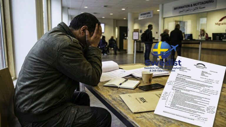A stressed applicant reviewing an asylum rejection letter inside a Swedish Migration Agency office, illustrating common Sweden asylum rejection reasons.