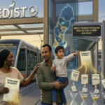 A conceptual illustration for Swedist showing a migrant family in Stockholm with their residency papers turning into sand in an hourglass, symbolizing the risk of revocation due to legal violations.