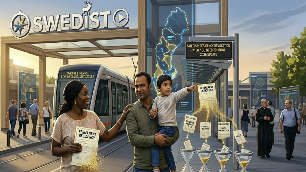 A conceptual illustration for Swedist showing a migrant family in Stockholm with their residency papers turning into sand in an hourglass, symbolizing the risk of revocation due to legal violations.
