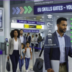 Conceptual visualization of Europe's selective migration policy showing the contrast between skilled labor visa processing and asylum seeker pathways.