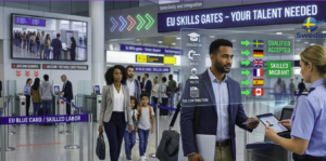 Conceptual visualization of Europe's selective migration policy showing the contrast between skilled labor visa processing and asylum seeker pathways.