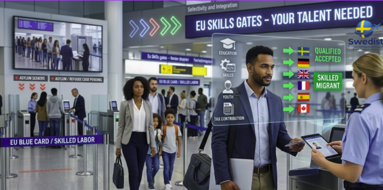 Conceptual visualization of Europe's selective migration policy showing the contrast between skilled labor visa processing and asylum seeker pathways.