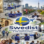 A collage of diverse refugees and social services in the leading countries for refugee resettlement and aid, featured by Swedist.
