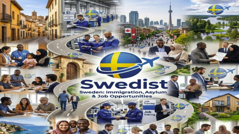 A collage of diverse refugees and social services in the leading countries for refugee resettlement and aid, featured by Swedist.