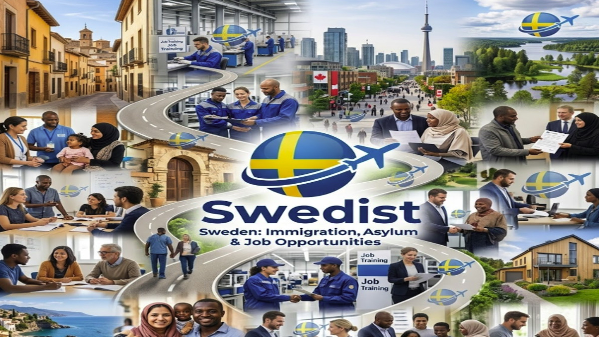 A collage of diverse refugees and social services in the leading countries for refugee resettlement and aid, featured by Swedist.