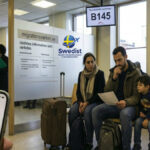 An immigrant family waiting in a Swedish Migration Agency office, looking at documents while holding a child, with a smartphone in the foreground showing a pending application status, symbolizing the administrative struggle of modern migration in Sweden.