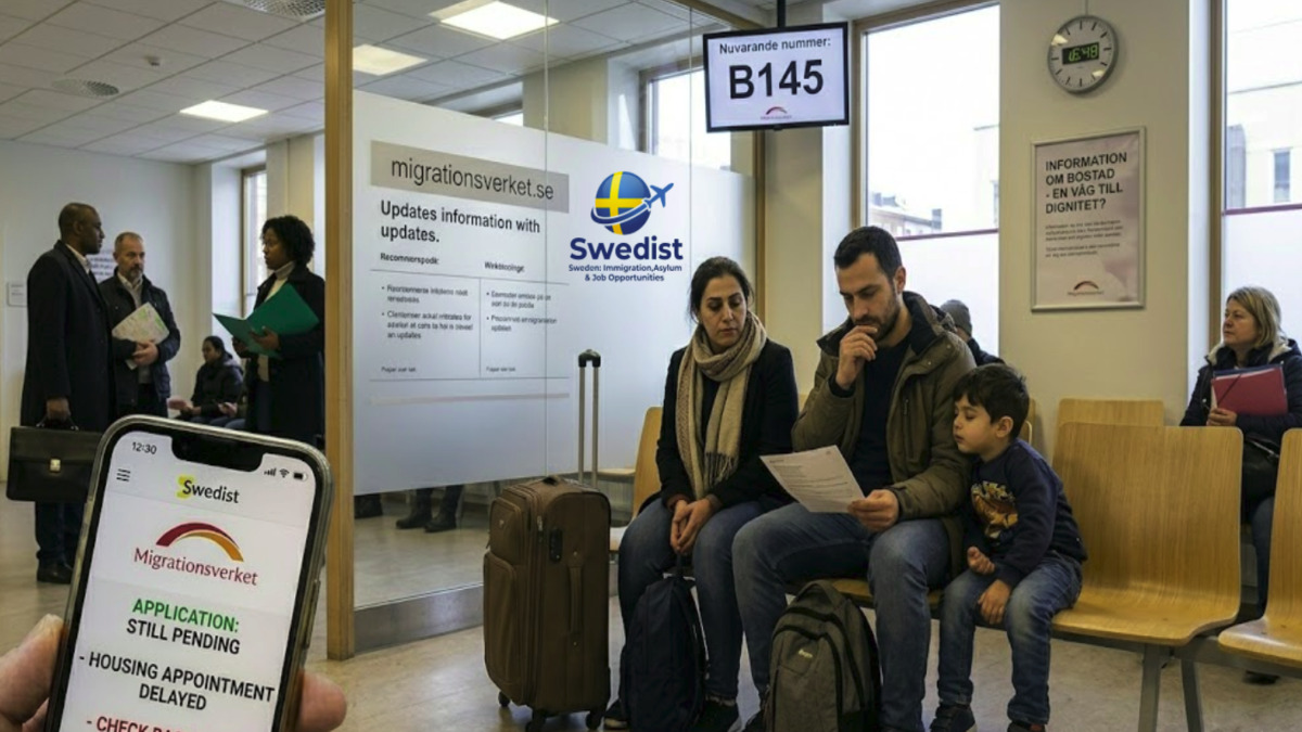 An immigrant family waiting in a Swedish Migration Agency office, looking at documents while holding a child, with a smartphone in the foreground showing a pending application status, symbolizing the administrative struggle of modern migration in Sweden.
