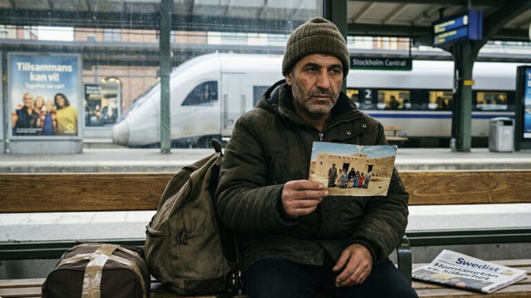 Why do some refugees choose to return home - A man sitting at Stockholm Central station holding a family photo.
