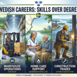 10 In-Demand Jobs in Sweden with No Degree Required showcasing truck driving, warehousing, home care, construction, and hospitality sectors.