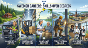 10 In-Demand Jobs in Sweden with No Degree Required showcasing truck driving, warehousing, home care, construction, and hospitality sectors.