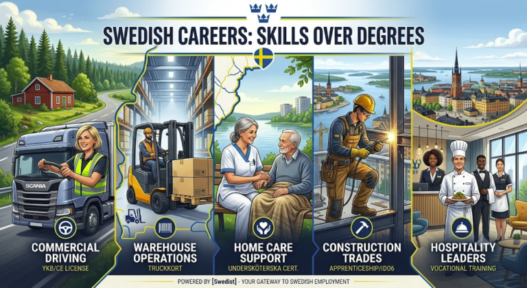 10 In-Demand Jobs in Sweden with No Degree Required showcasing truck driving, warehousing, home care, construction, and hospitality sectors.