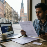 An expat verifying a Swedish employment contract on a laptop inside a Stockholm café.